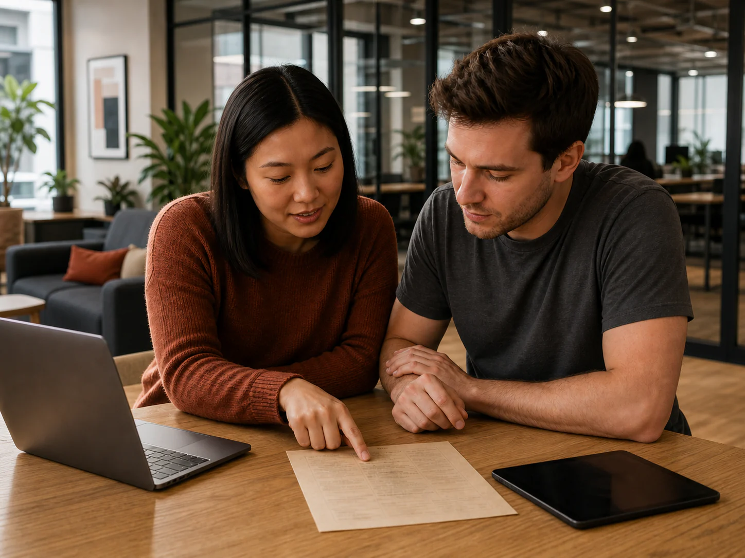 Two team members review a restaurant menu in a warm coworking office.