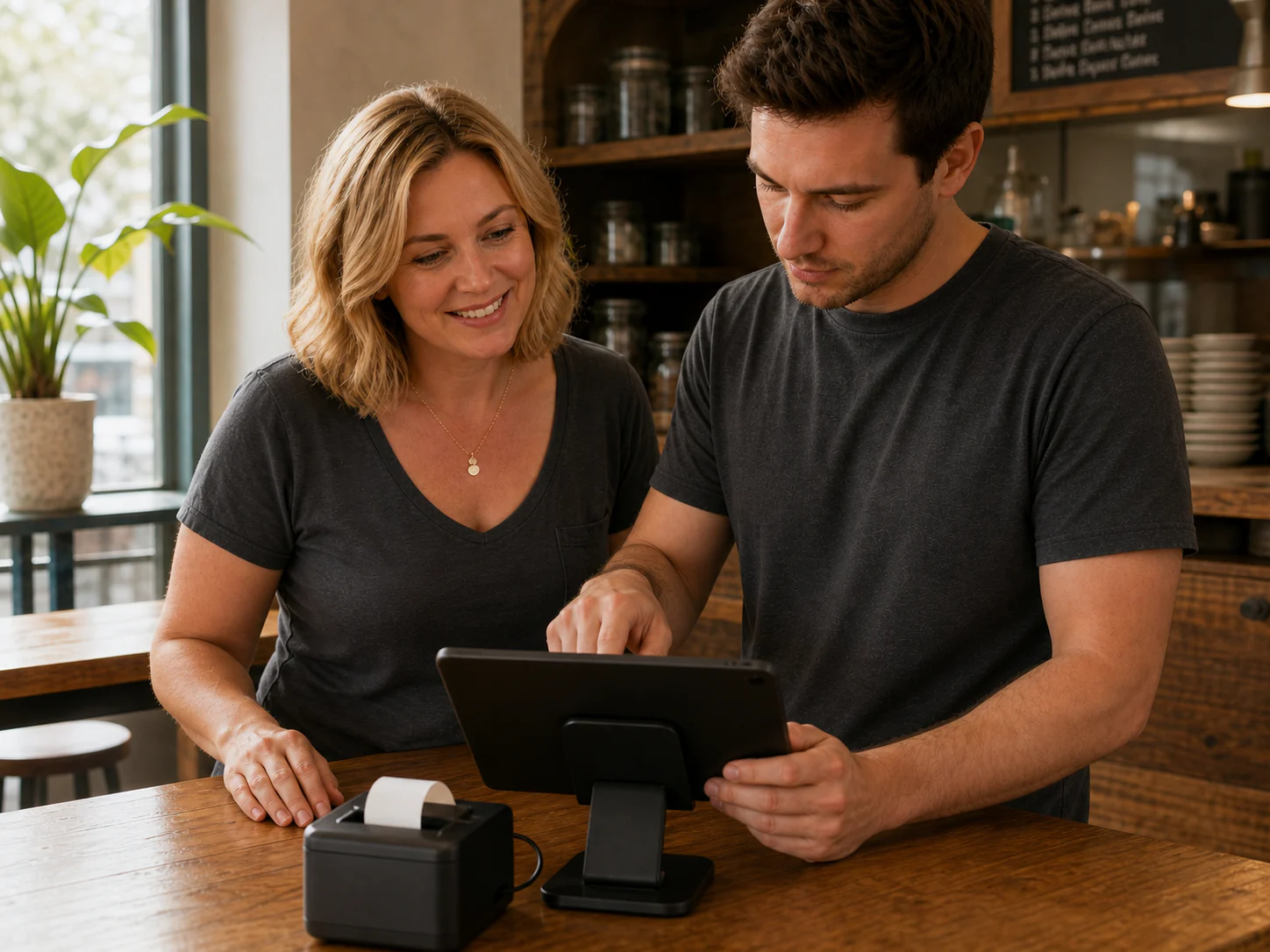 A team member tests a restaurant tablet and receipt printer while the owner watches.