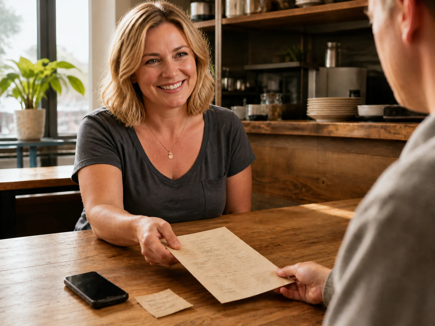 A smiling restaurant owner hands a printed menu across a wooden table.