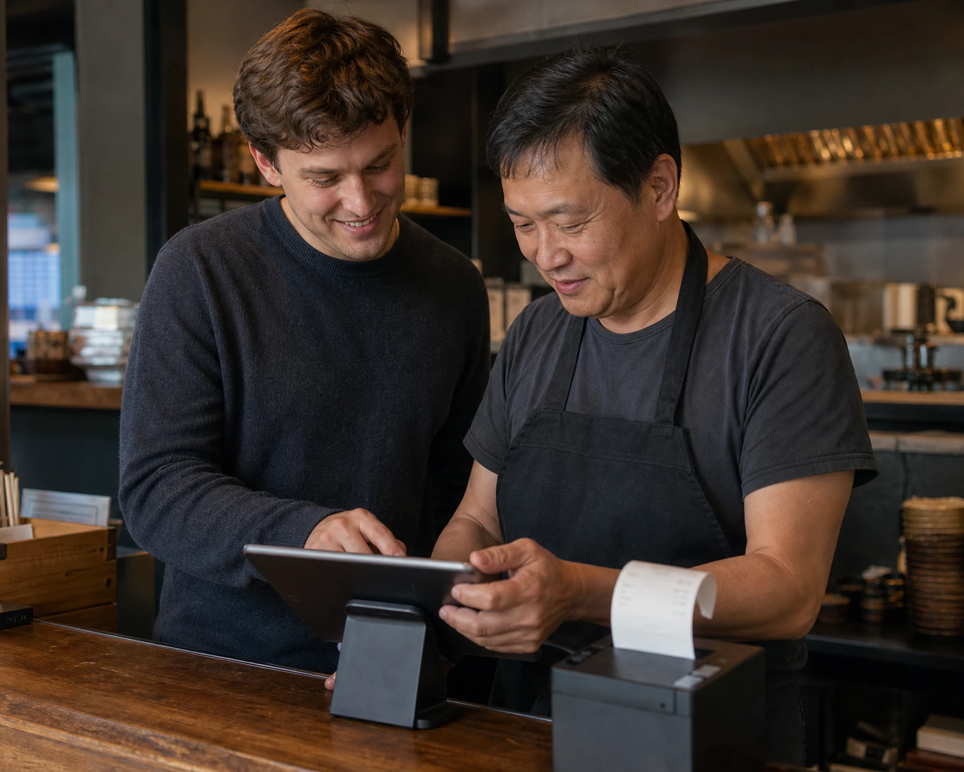 A restaurant owner and support specialist reviewing a tablet while a test receipt prints.